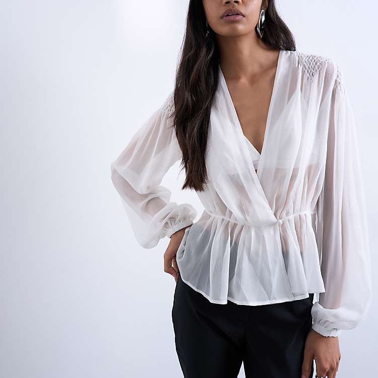 Topshop chiffon sheer panel long sleeve blouse in ivory | ASOS