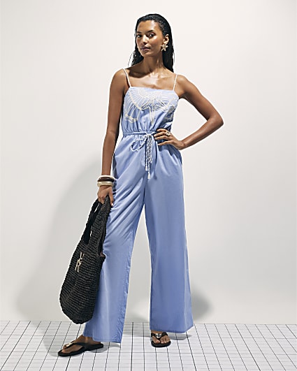Blue overlay one shoulder jumpsuit | River Island