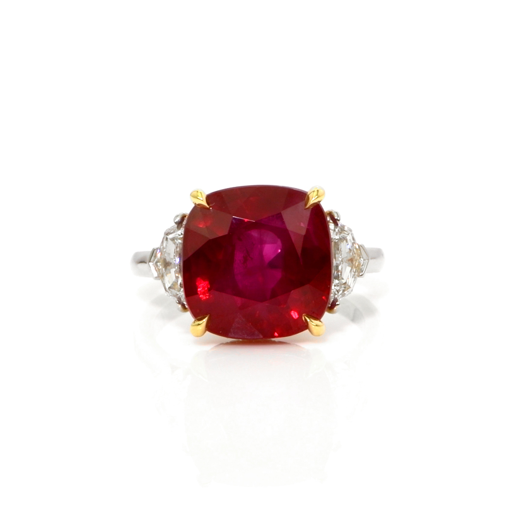 Ruby and Natural Diamond Three Stone Ring - Cushion 10.03 Ct
