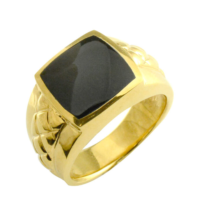 メンズ リング k18 オニキス 幅広 イエローゴールドk18 指輪 印台 四角