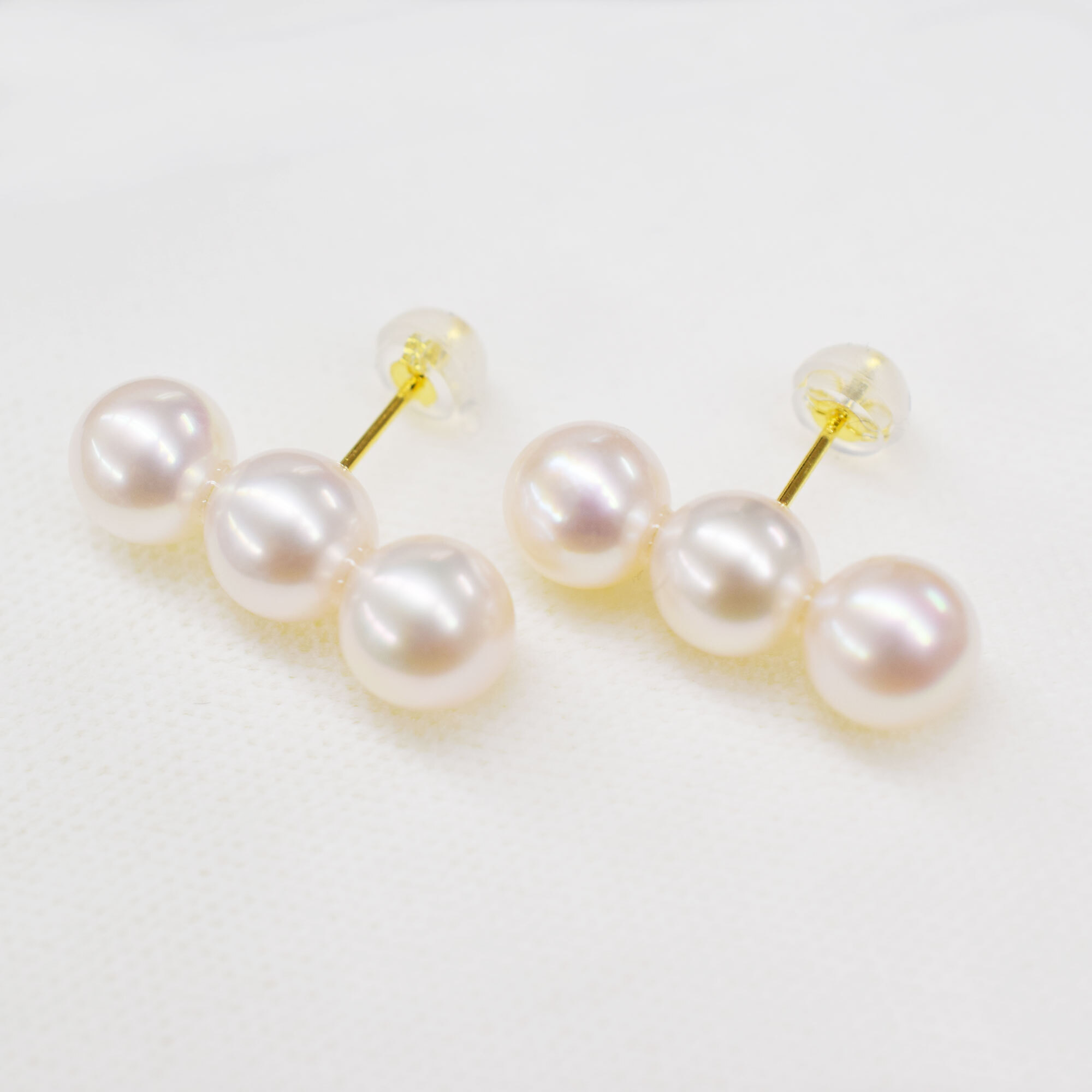 ホワイトピンク 7.5mm - 8mm 3連 ピアス あこや真珠 熊本 天草 本真珠