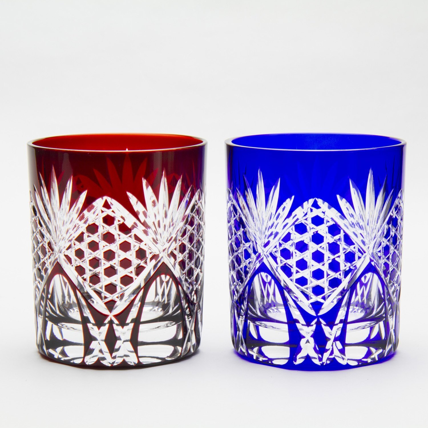 送料無料】【六角籠目 赤青 ペア 木箱付】 名入れ 江戸切子 ロック