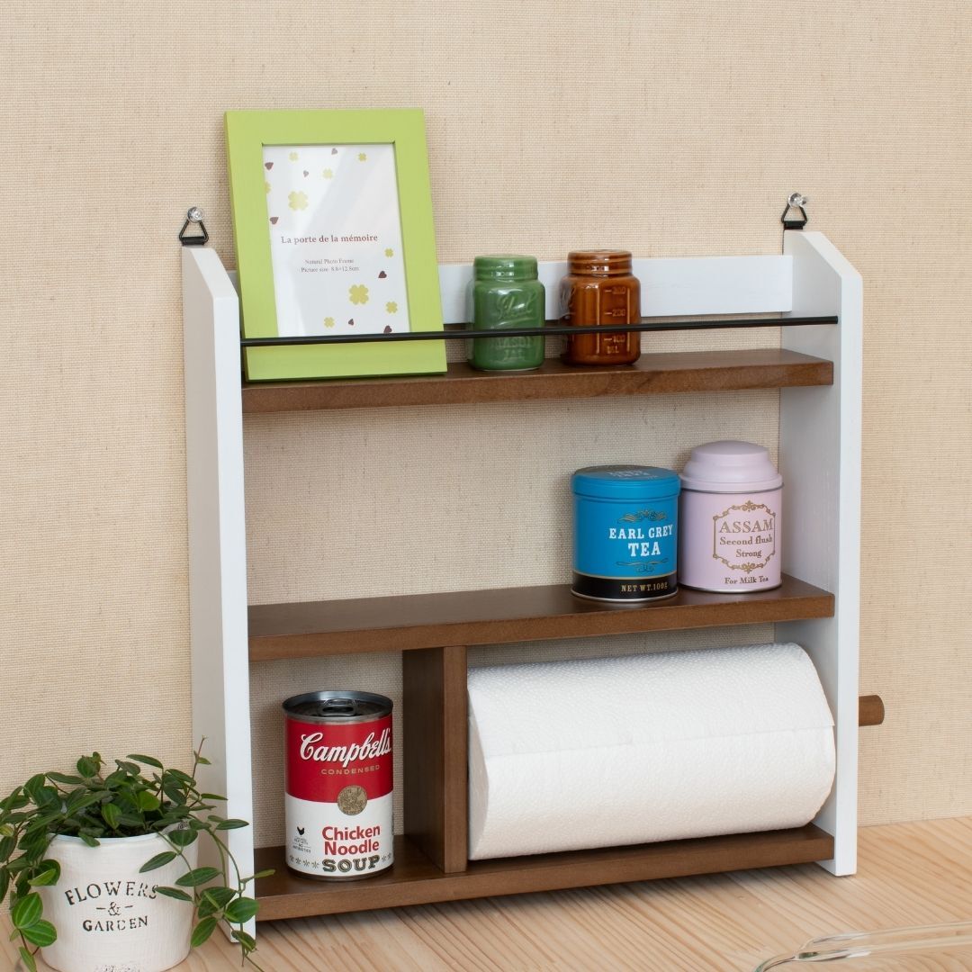 スパイスラック 木製 3段 キッチンペーパーホルダー 調味料ラック 調味