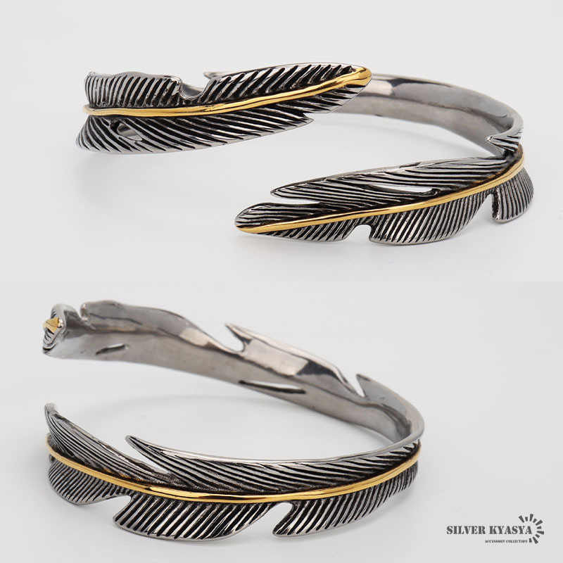 ステンレス素材 ダブルフェザーバングル ゴールドライン ワンポイント