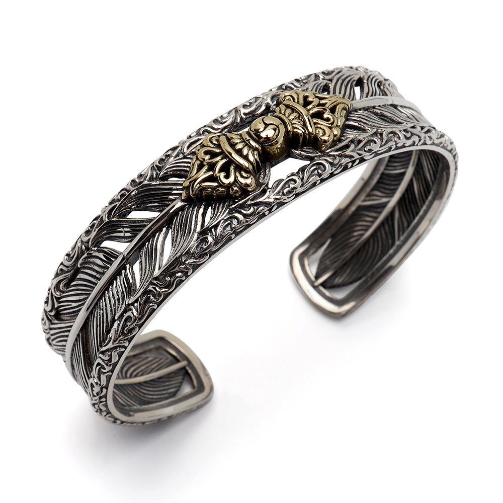 シルバー925 六字真言バングル フェザーバングル ワイドバングル