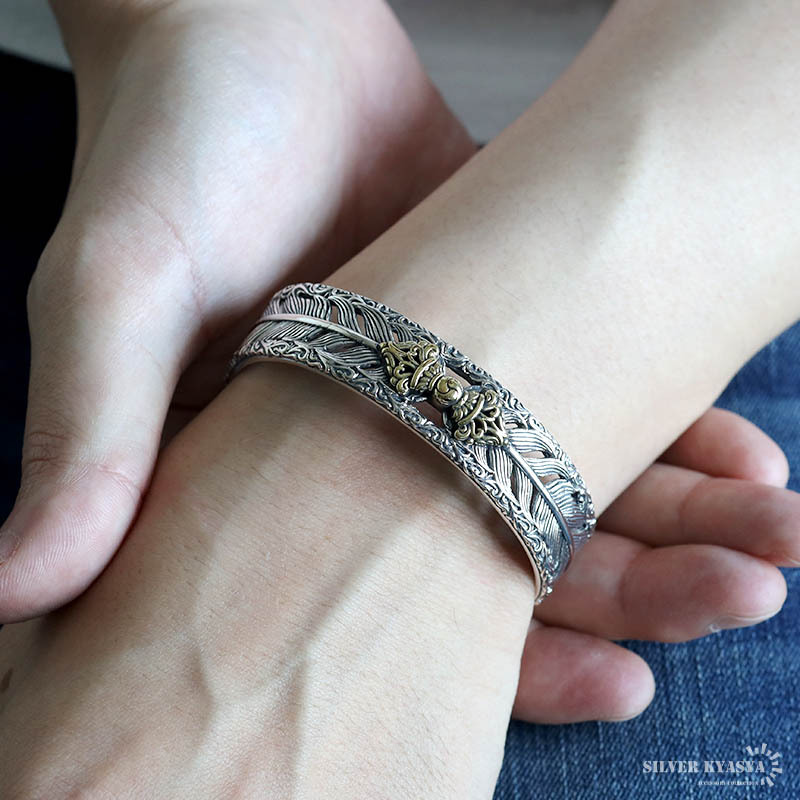 シルバー925 六字真言バングル フェザーバングル ワイドバングル