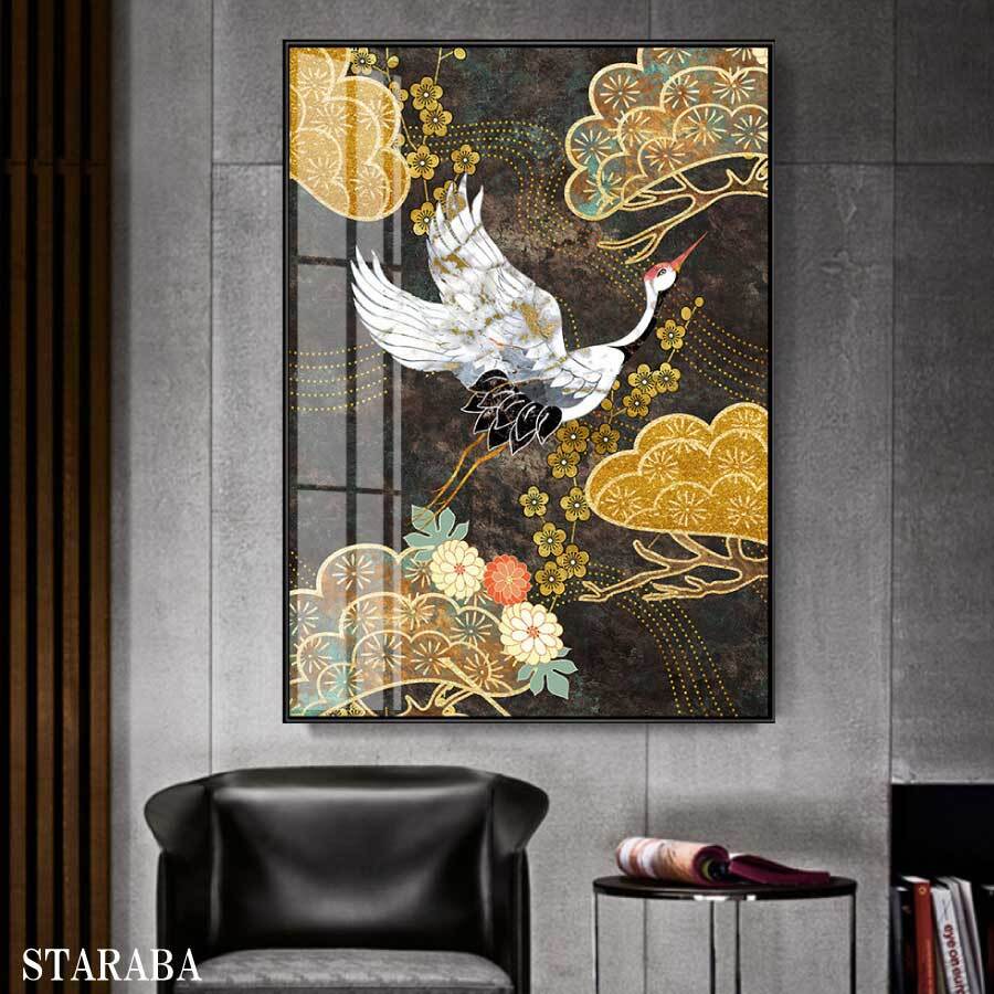 絵画 和柄 ツル 鶴 ファブリック パネル アルミ枠 アート 植物 人気