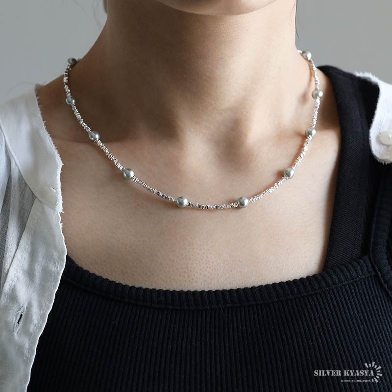 シルバー925 パールネックレス グレー 真珠ネックレス 不揃いビーズ