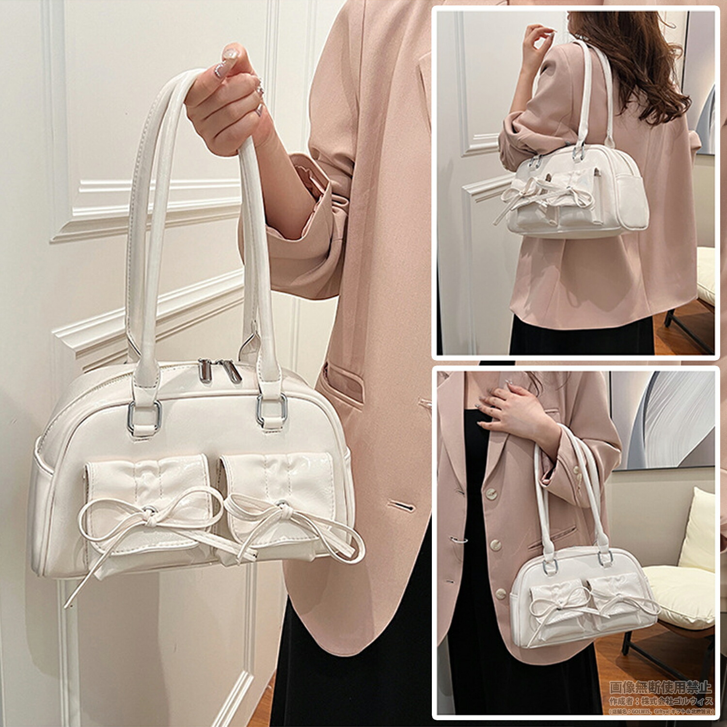 リボン付き エナメル ミニボストン ショルダー バッグ ツインポケット