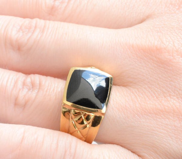 メンズ リング k18 オニキス 幅広 イエローゴールドk18 指輪 印台 四角