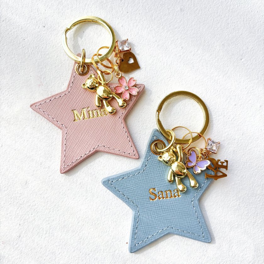 名入れ】テディベア 星形キーリング 本革 キーホルダー スター