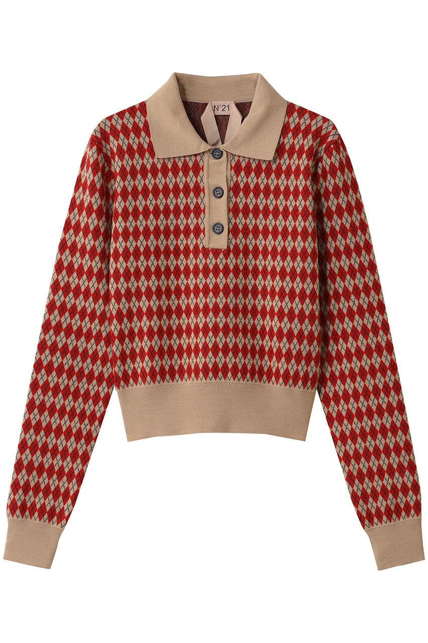 N°21(ヌメロ ヴェントゥーノ)｜アーガイル ポロ ニットトップス/レッド