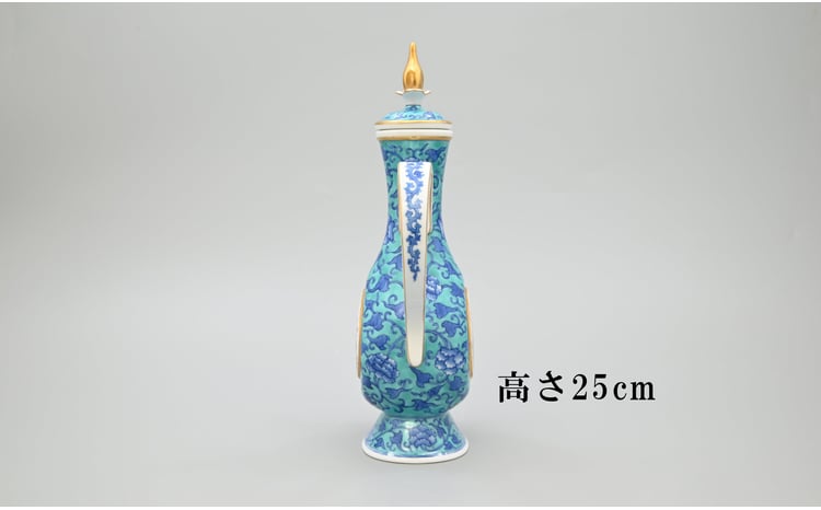 有田焼 青華緑彩窓絵淡彩菊・水差し【香蘭社】高級 磁器 明治初期
