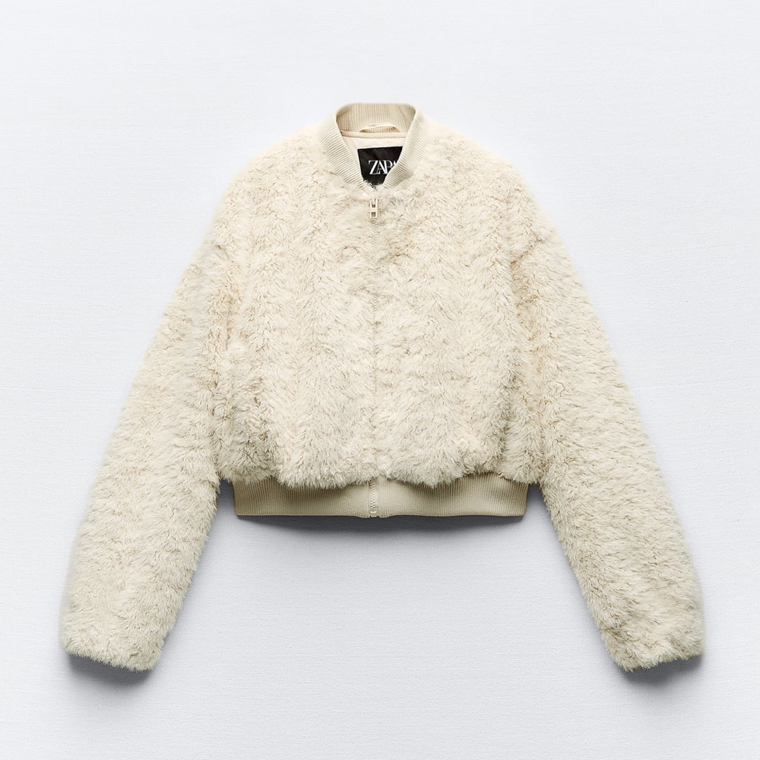 ZARA - ZARA フェイクファークロップドボンバージャケット エクリュ XL