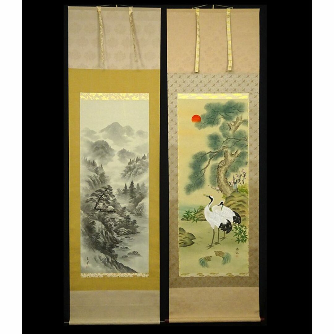 掛軸2本セット 青鳳 泰仙『水墨山水図 松竹梅鶴亀』絹本 共箱付 良好品