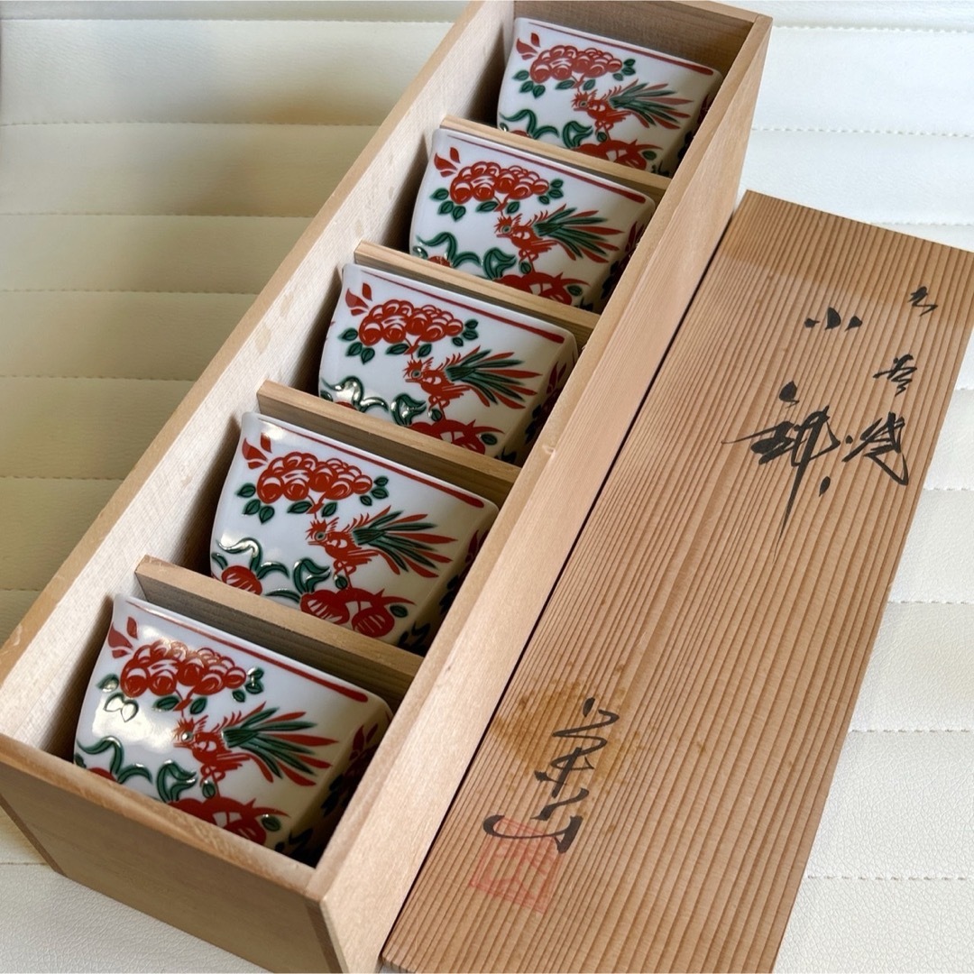 九谷青窯 - 九谷焼 栄山窯 赤絵花鳥 小鉢揃 5枚セット 角鉢 色絵 角皿