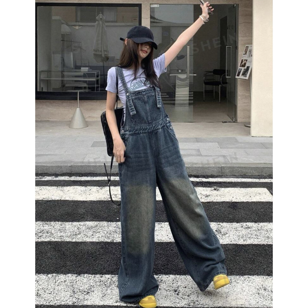 サロペット オーバーオール ワイドレッグ デニム オーバーオールの通販