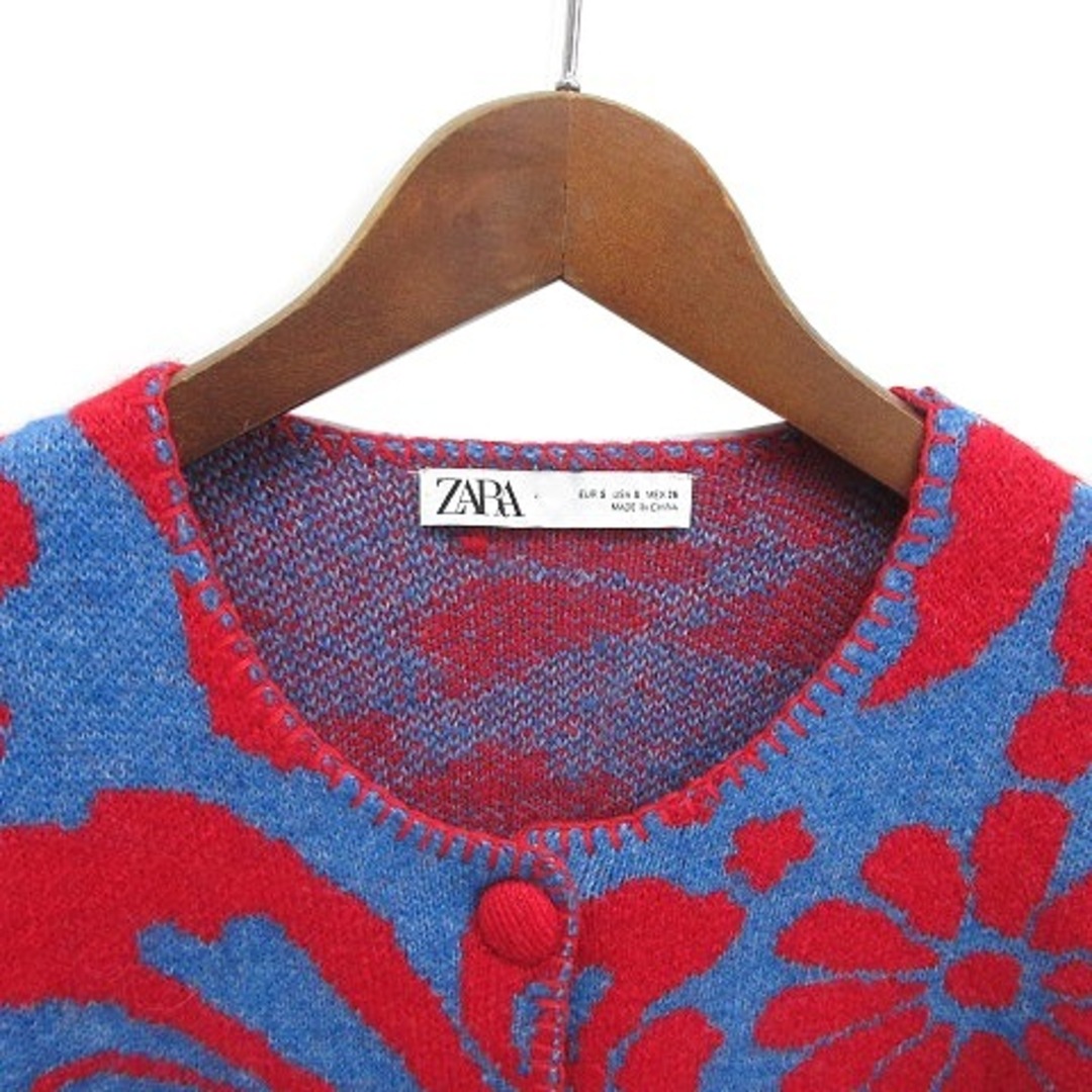 ZARA - ザラ ZARA ジャガード ニット カーディガン 長袖 ブルー レッド