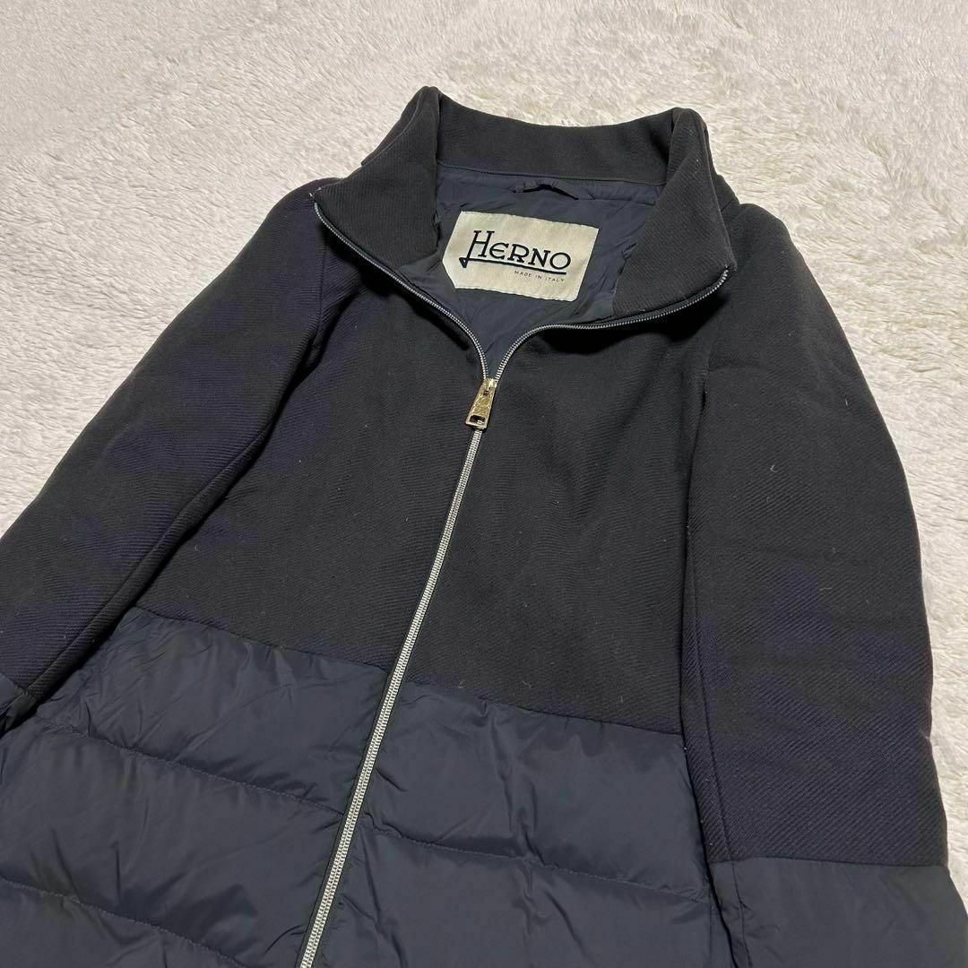 HERNO - ヘルノ 異素材ダウンコート ロング丈 切替 ダブルジップ 40の