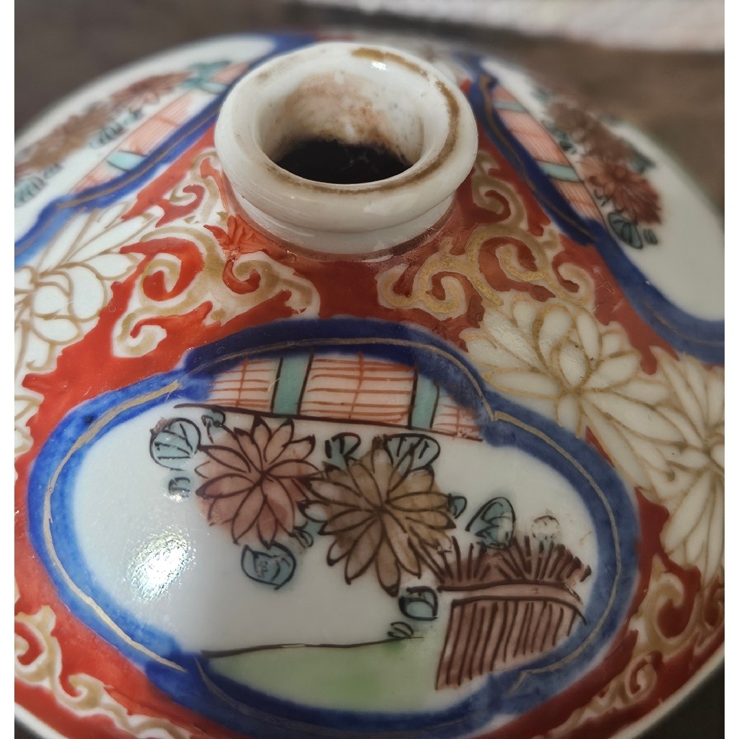 明治時代 古伊万里 染錦 菊花図 金彩 菊唐草文 油壺 花入