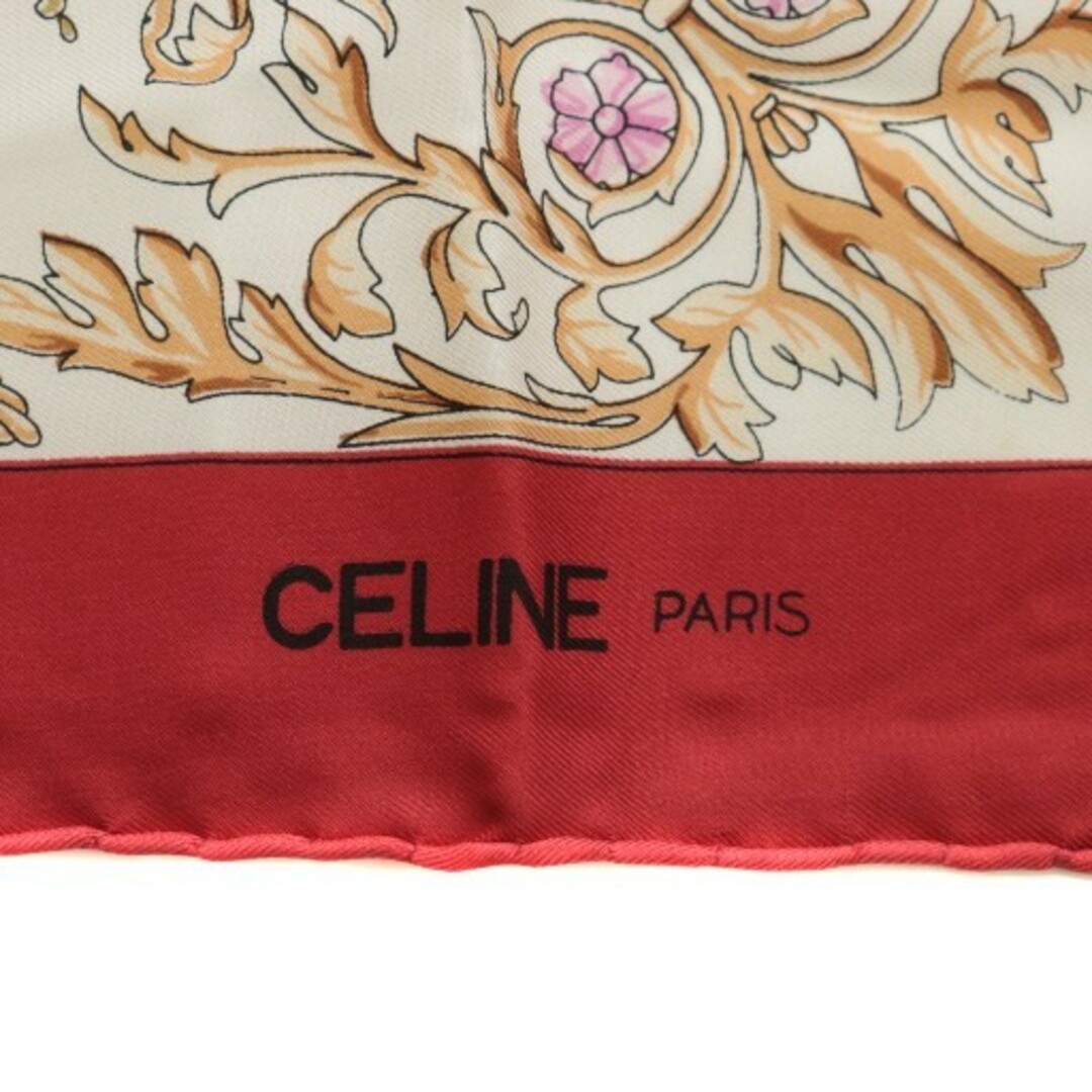 CELINE - セリーヌ スカーフ 絹 シルク 大判 馬 タッセル ロゴ 総柄 白