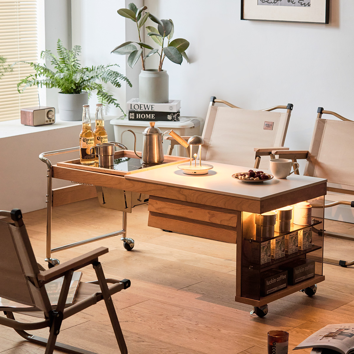 Woody Prime Cherry キャンプ風キャスター付きウッドテーブル | 家でも