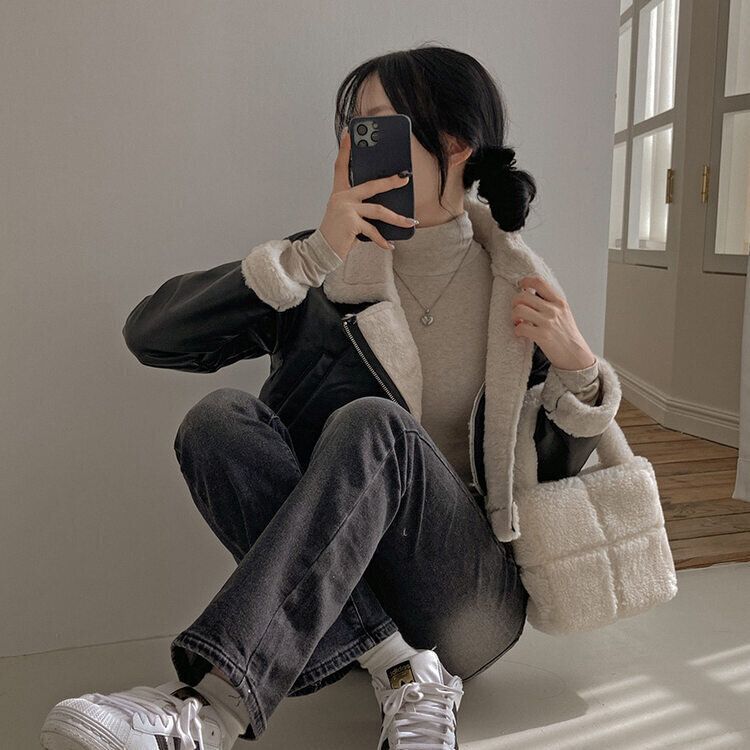 クロップフェイクミンクファーレザーライダームートンジャケット