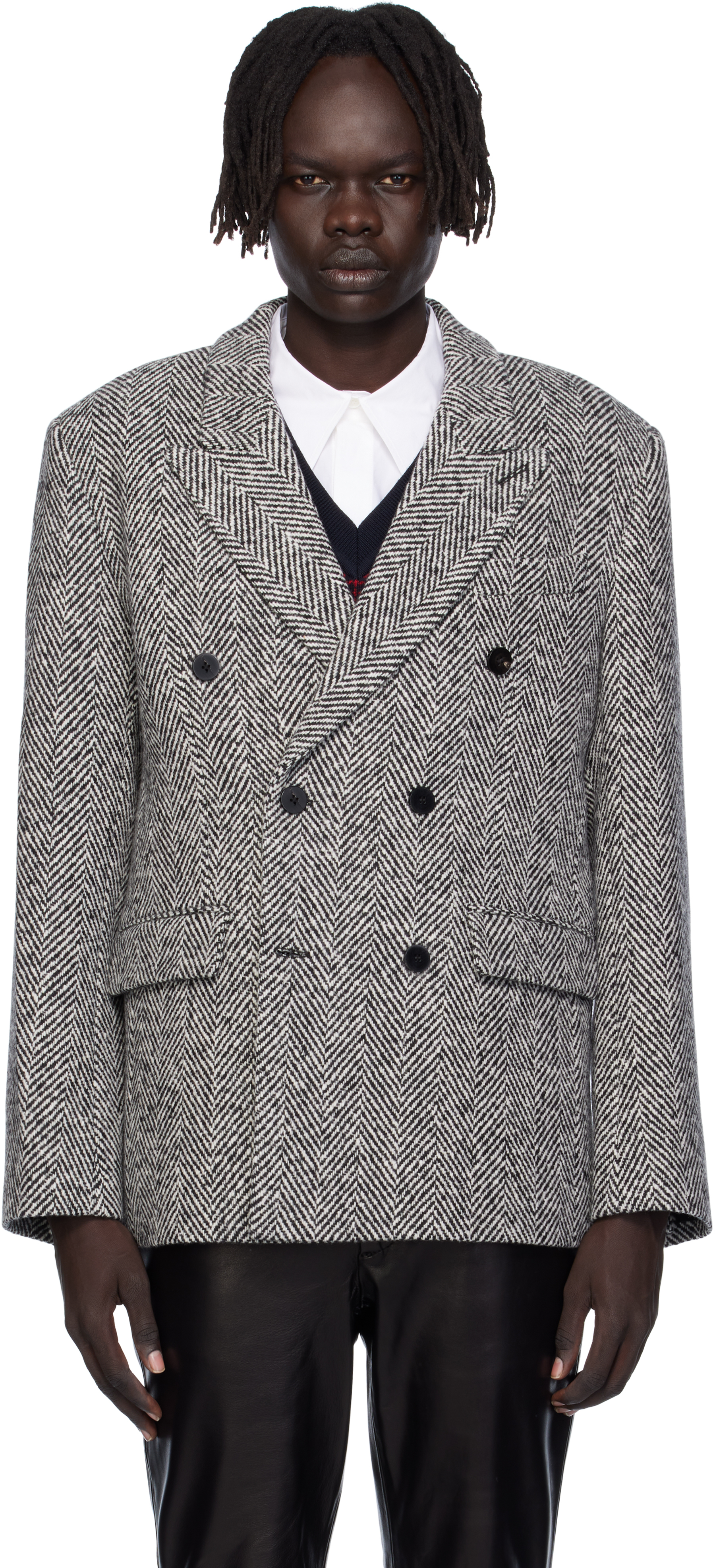 ERNEST W. BAKERのブラック＆ホワイト Six Button ダブルジャケットが