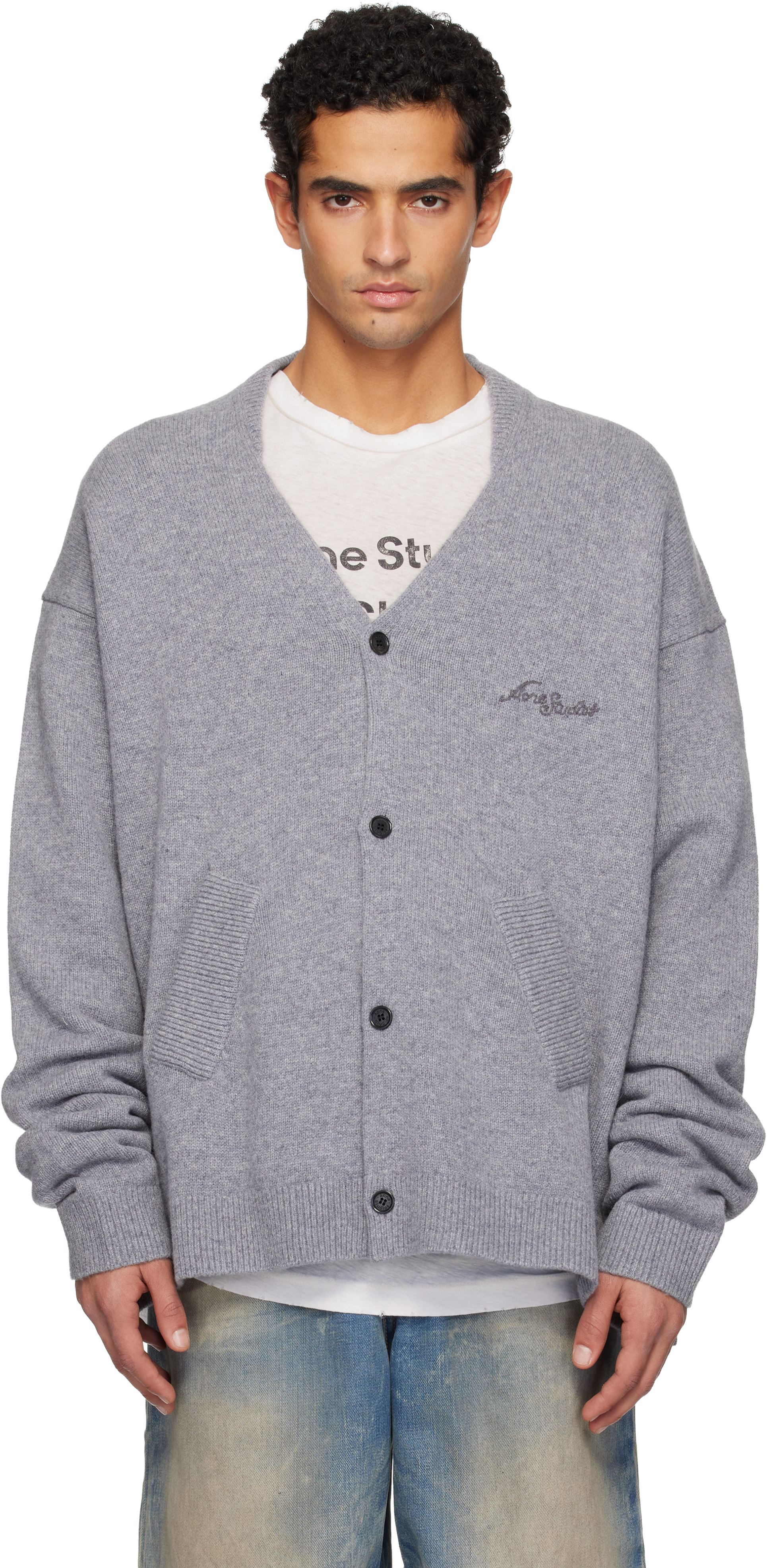 Acne Studios: グレー ウール Vネックカーディガン | SSENSE 日本