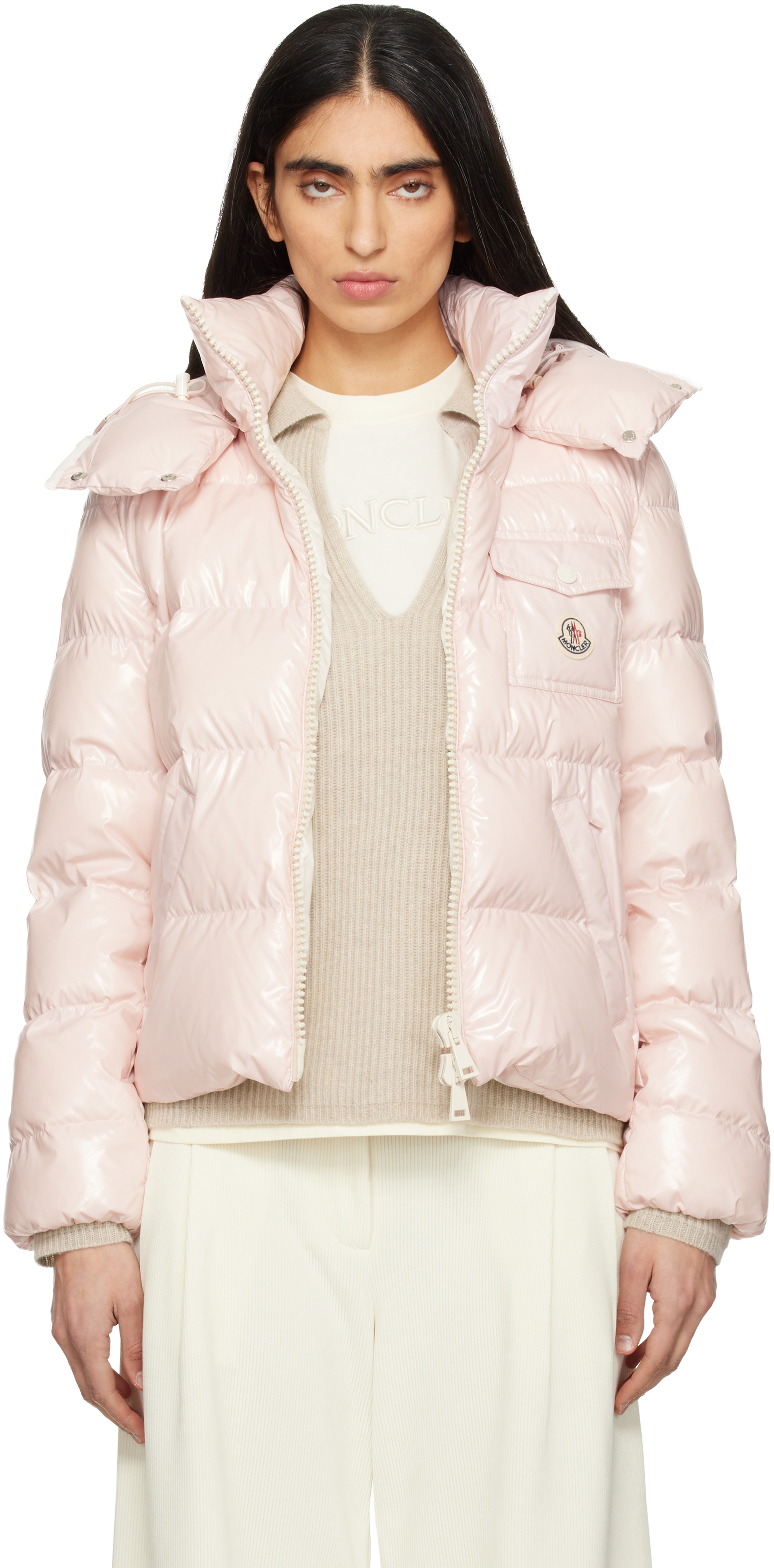 Moncler: ピンク Andro フード ショート ダウンジャケット | SSENSE 日本