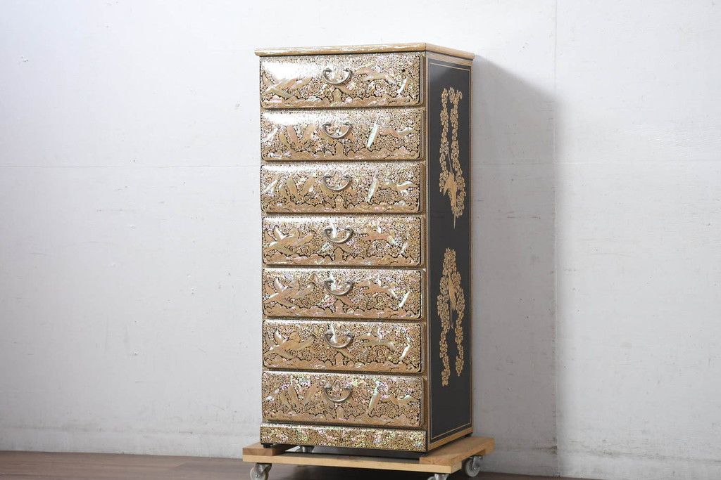螺鈿(ラデン)家具 螺鈿細工 小引出し 3段 小型チェスト アンティーク