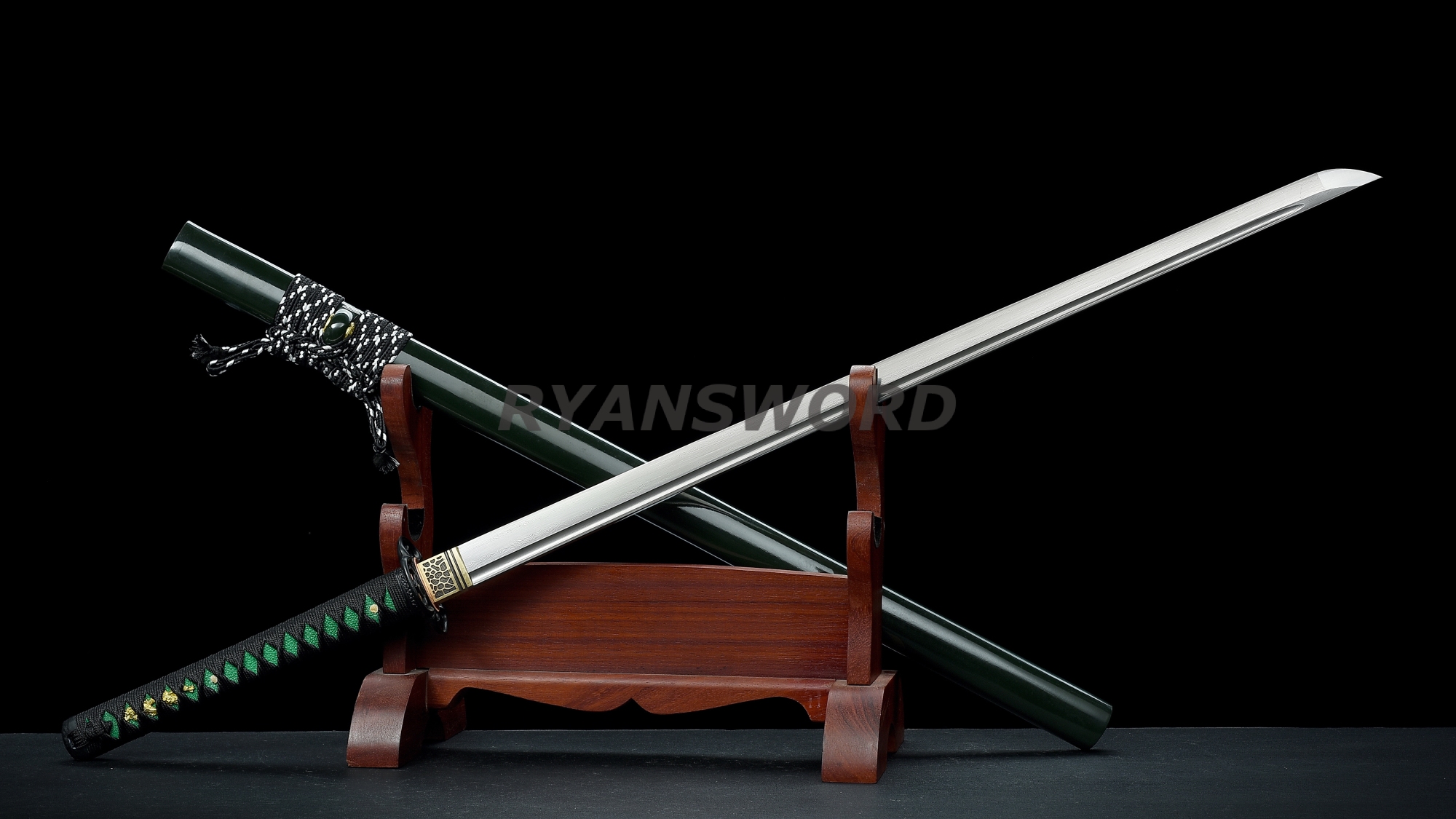 Folded Steel Ninja Chokuto Iron Tsuba Green Saya-Ryan331,$125.00