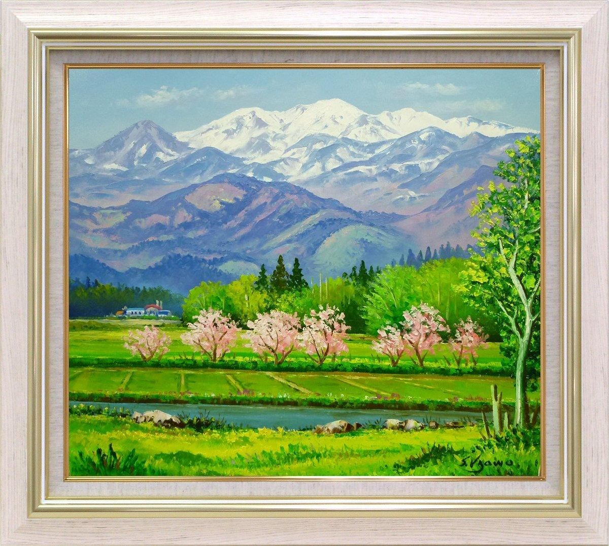 手描き油絵】羽沢 清水 桃の花咲く頃 F10 画家本人手描き絵画/額入り