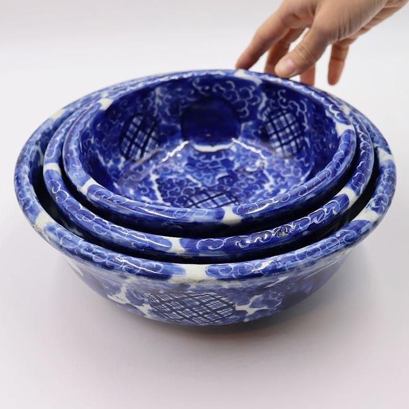 希少手描き染付三つ鉢入れ子飾り鉢｜明治時代アンティーク｜26×9.5cm