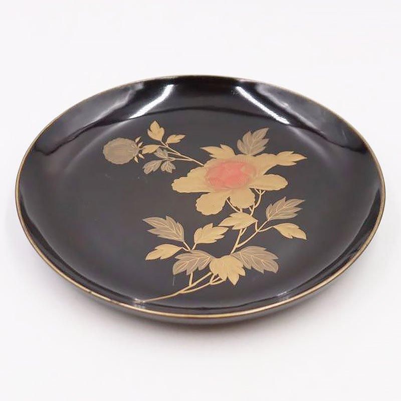 昭和の黒漆塗り木皿 菓子皿にも季節の草木花蒔絵