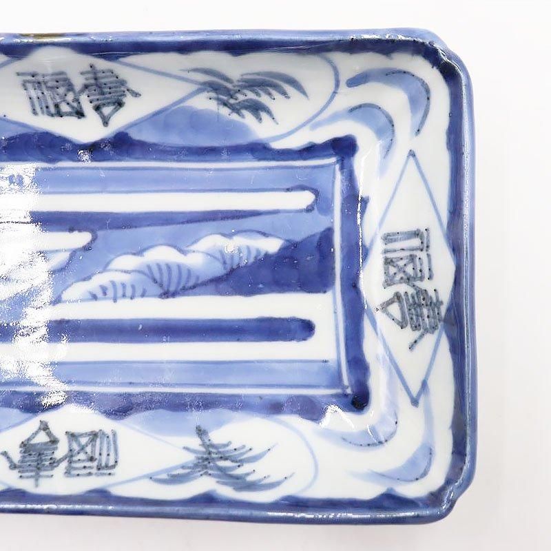 手描き染付角皿 伊万里アンティーク 明治・大正魚卵焼き盛り皿 20.5×12×3.5