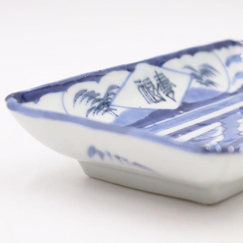 手描き染付角皿 伊万里アンティーク 明治・大正魚卵焼き盛り皿 20.5×12×3.5