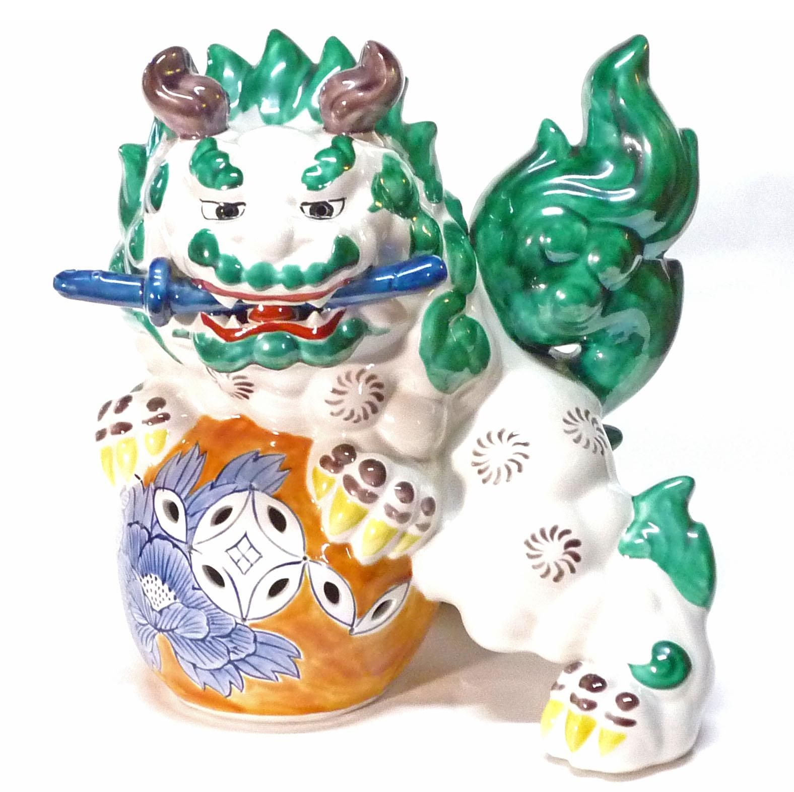 九谷焼 獅子 唐獅子 剣獅子 幸運 置物 デコ盛 茶 6号-百華園