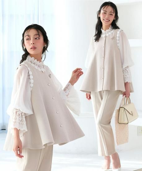 タイパールチェーンボリューム袖ブラウス＆ツイードジャンパースカート