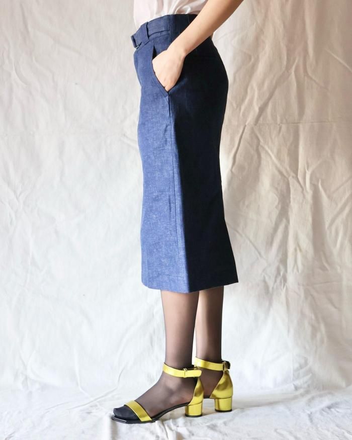 FUMIKA UCHIDA： NEPPED DENIM BELTED SKIRT - INDIGO - ORANN ONLINE SHOP