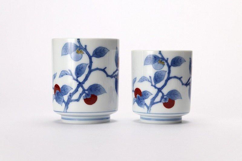 柿右衛門窯 染錦柿文組湯呑(外蓋)