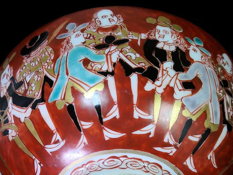 大聖寺伊万里 色絵 五艘船に南蛮人(7人描き)図 大振蓋茶碗 6客セット