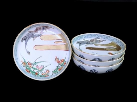 古伊万里 色絵 金雲に鶴 草花文図 5寸皿 4枚セット