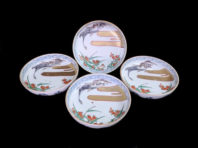 古伊万里 色絵 金雲に鶴 草花文図 5寸皿 4枚セット