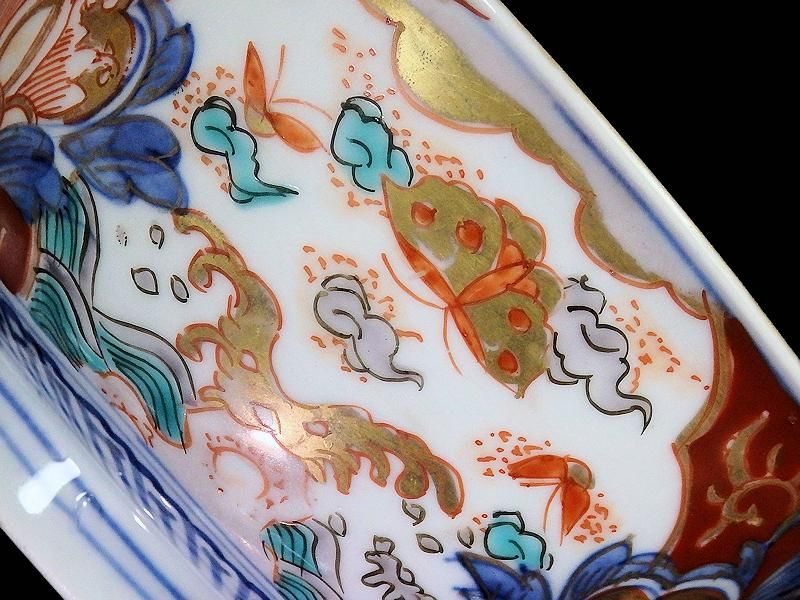 古伊万里 金襴手 菊花四方襷紋 蝶に花図 蓋茶碗