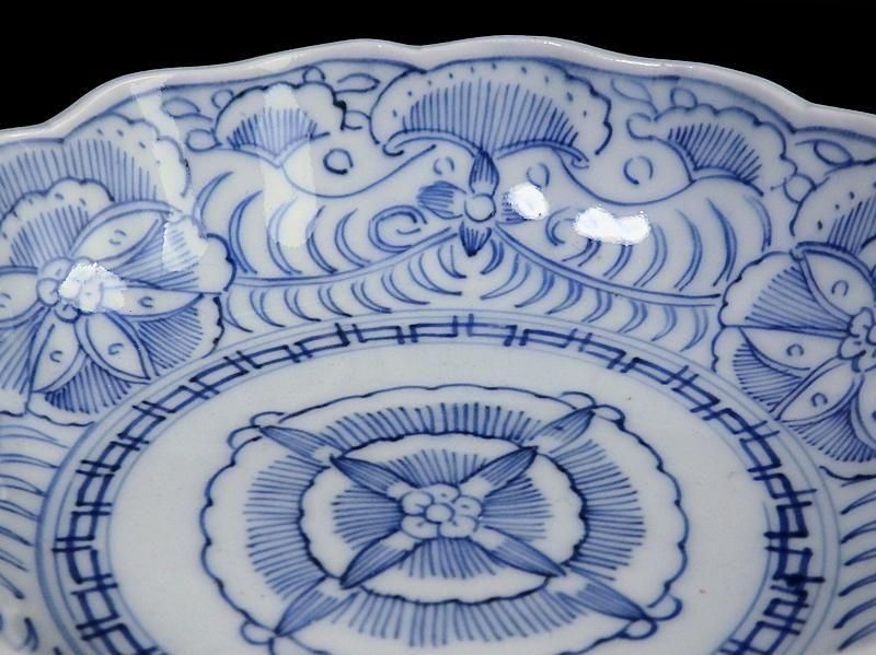 古伊万里 染付 線描クルス紋に花の図 膾皿 3客セット