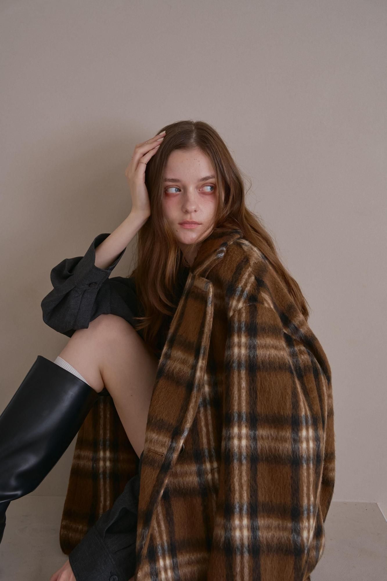 シャギーチェックコート（BROWN） - PINUE