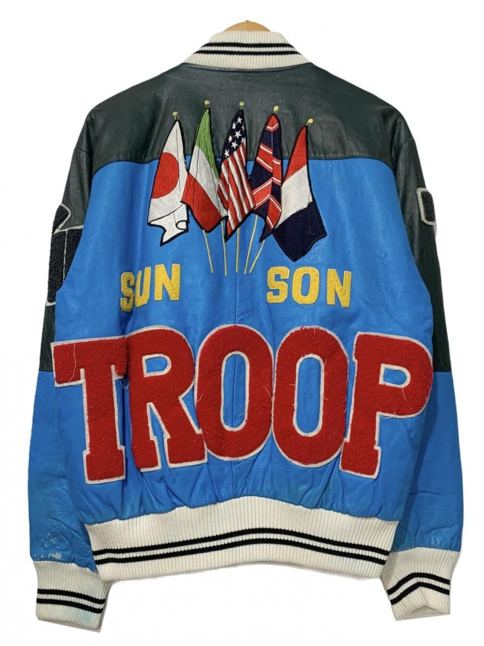 80s~90s TROOP Leather Jacket 青 M トゥループ レザージャケット 国旗