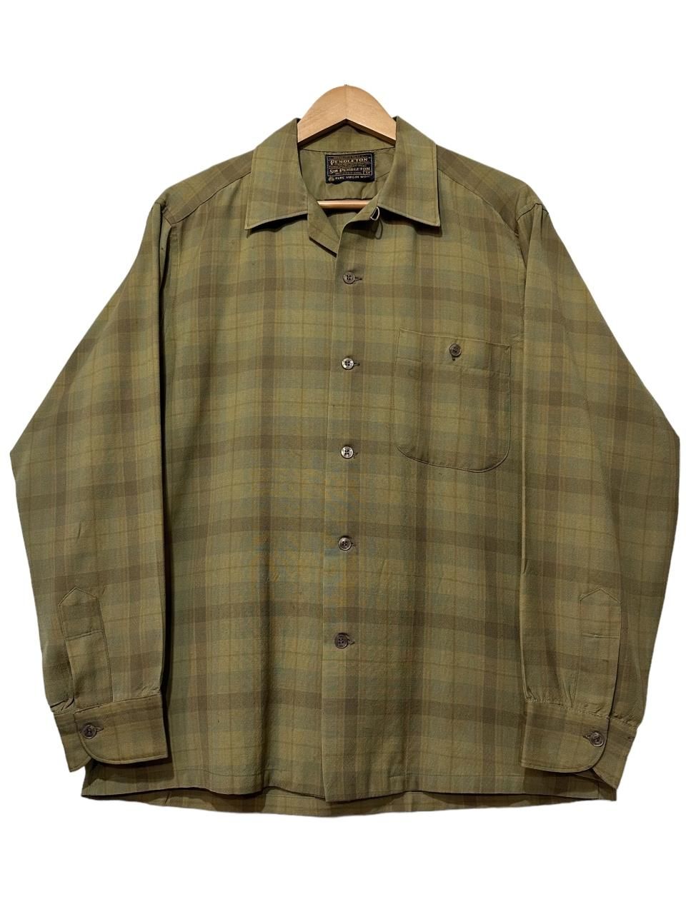 60s PENDLETON Check Wool L/S Shirt オリーブカーキ M ペンドルトン