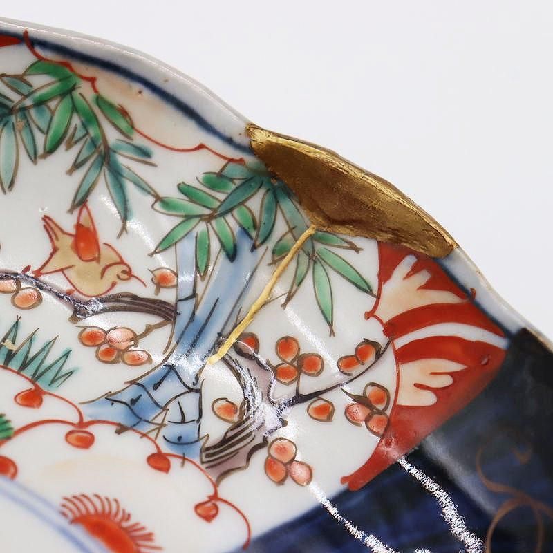 希少な明治時代の金継ぎ手描き中皿